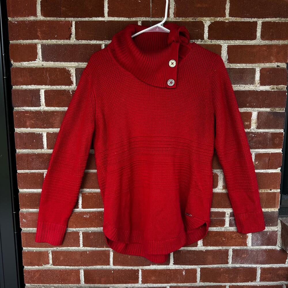 Calvin Klein Red Cowl Neck Sweater Cozy Knit Button Detail Medium
